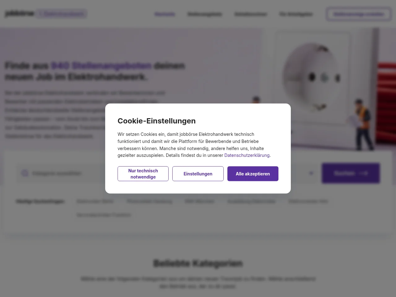 Jobbörse für das Elektrohandwerk job board platform screenshot showing job search interface