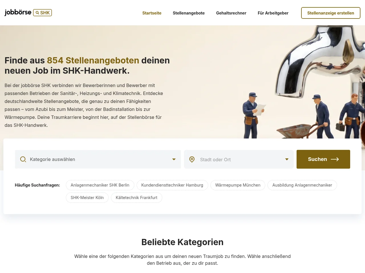 Jobbörse für SHK job board platform screenshot showing job search interface