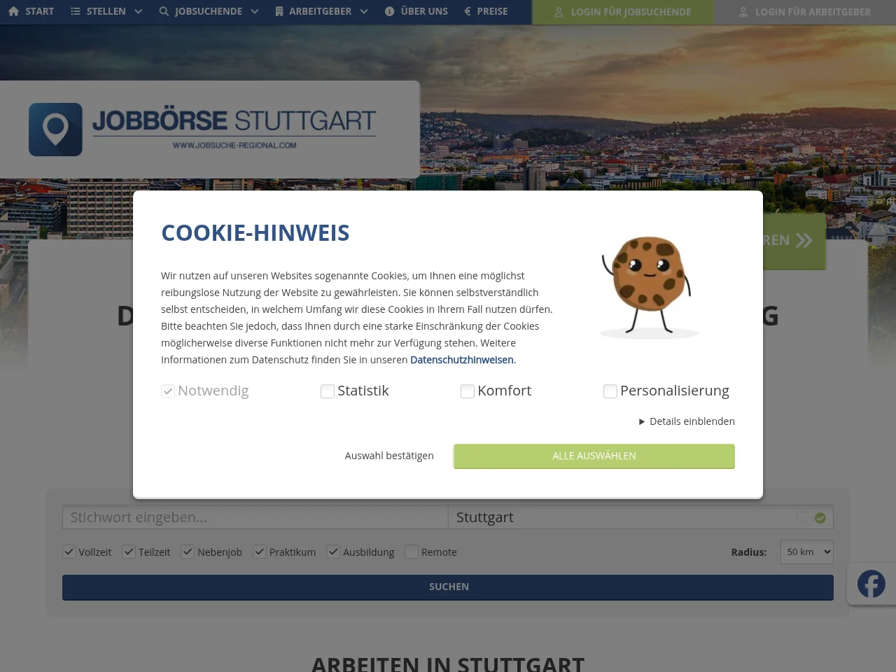 Jobbörse Stuttgart job board platform screenshot showing job search interface