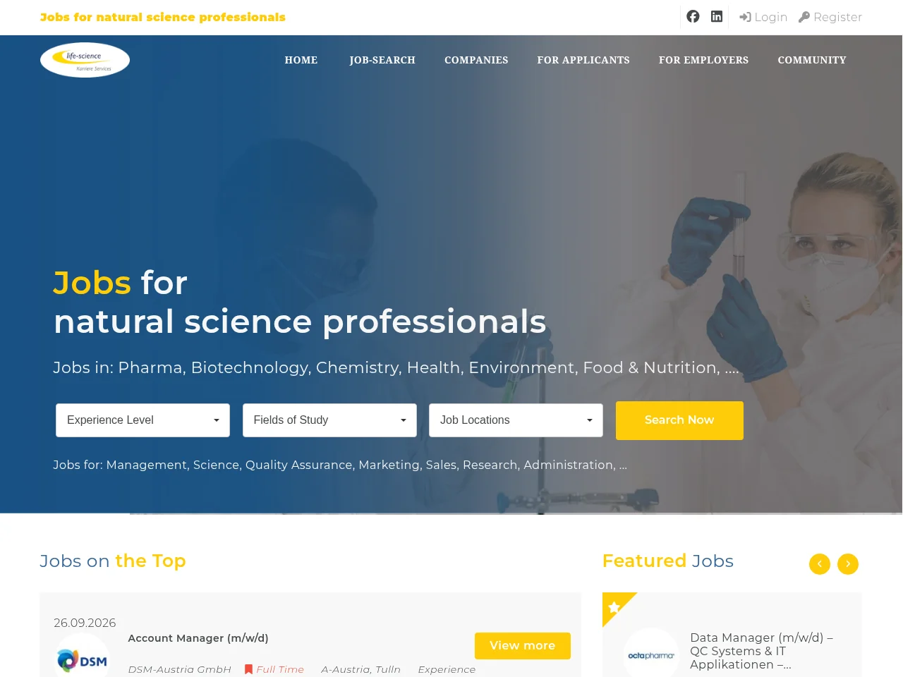 Jobbörse für Naturwissenschafter / life sciences job board platform screenshot showing job search interface