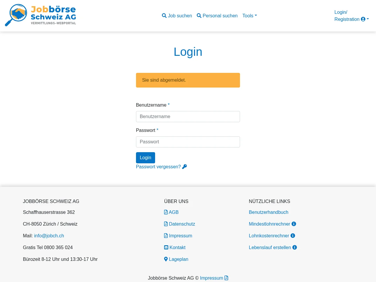 Jobbörse Schweiz AG job board platform screenshot showing job search interface