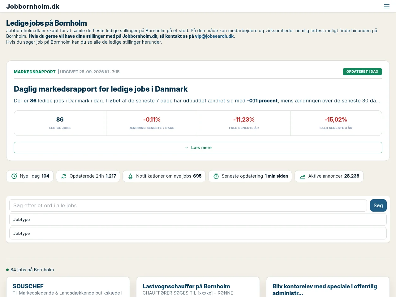 Jobbornholm.dk job board platform screenshot showing job search interface
