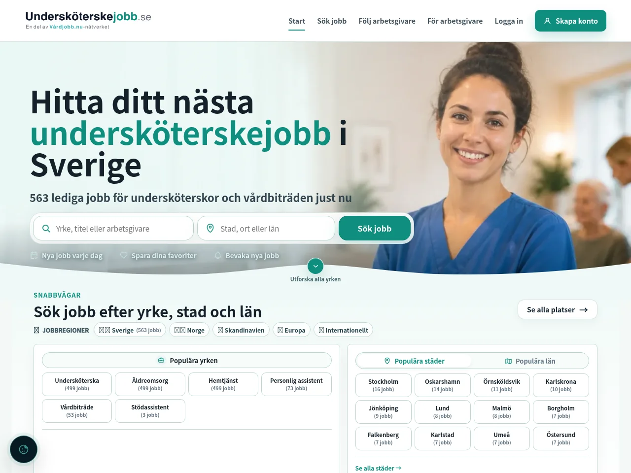undersköterskejobb.se job board platform screenshot showing job search interface