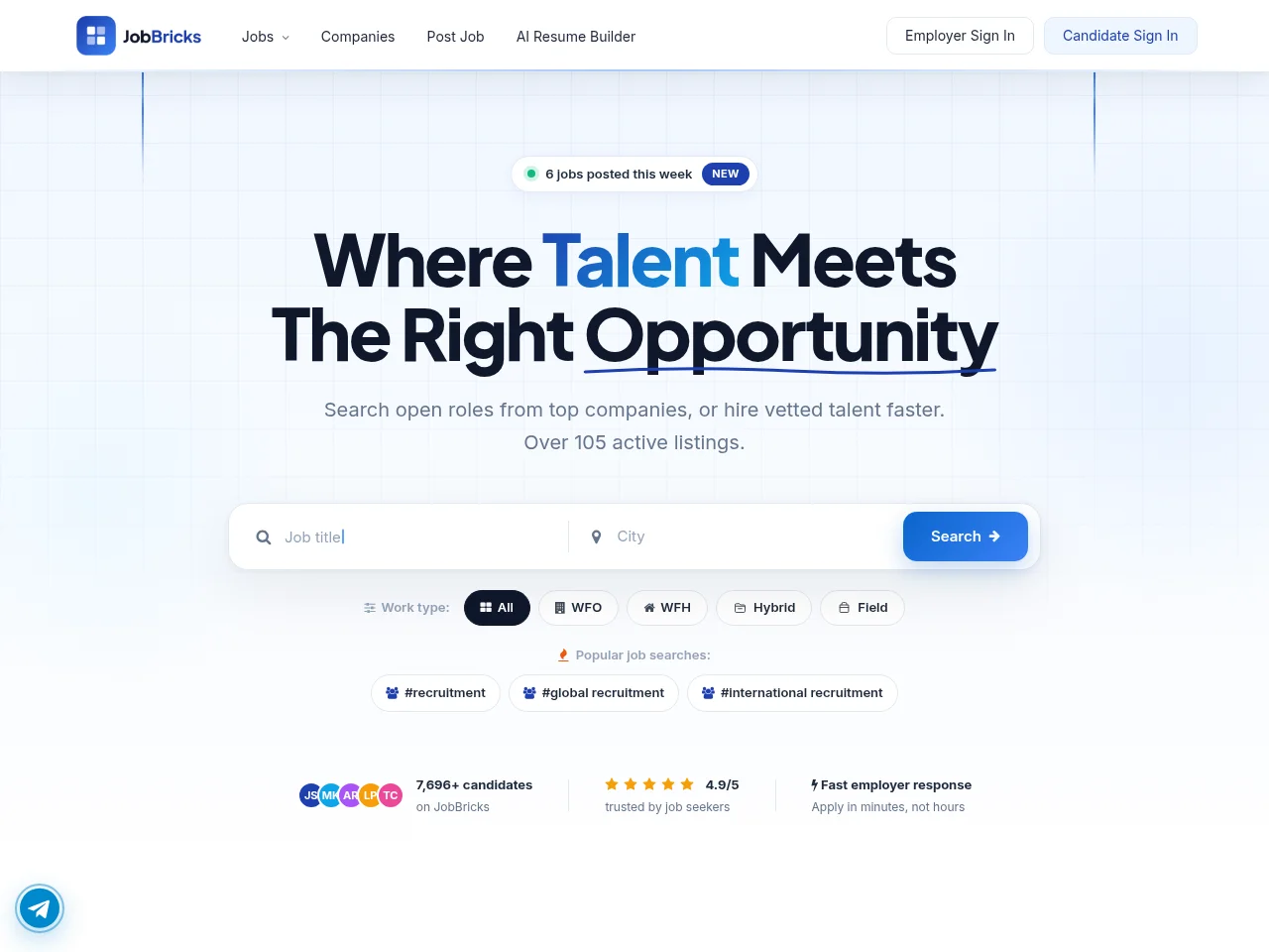JobBricks job board platform screenshot showing job search interface