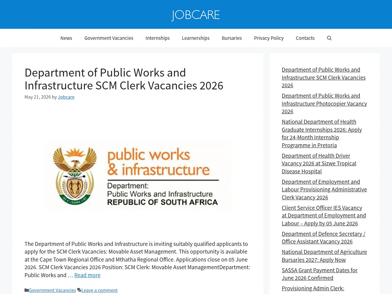 Jobcare job board platform screenshot showing job search interface