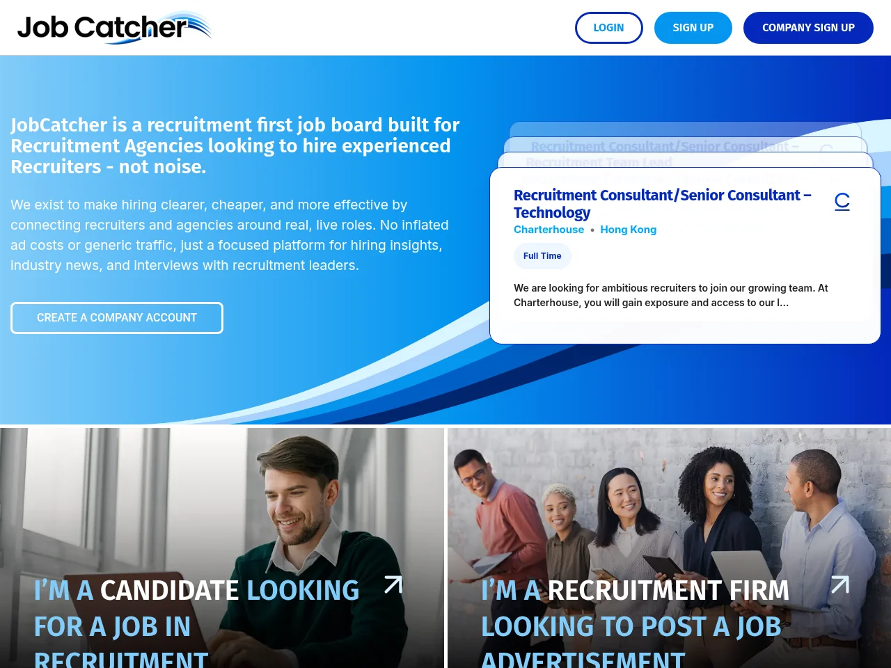 JobCatcher job board platform screenshot showing job search interface