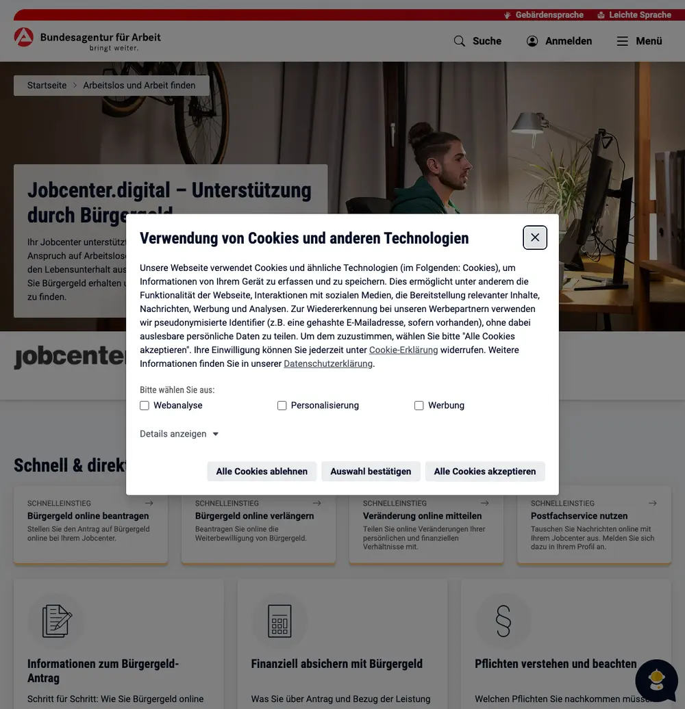 Jobcenter.digital job board platform screenshot showing job search interface