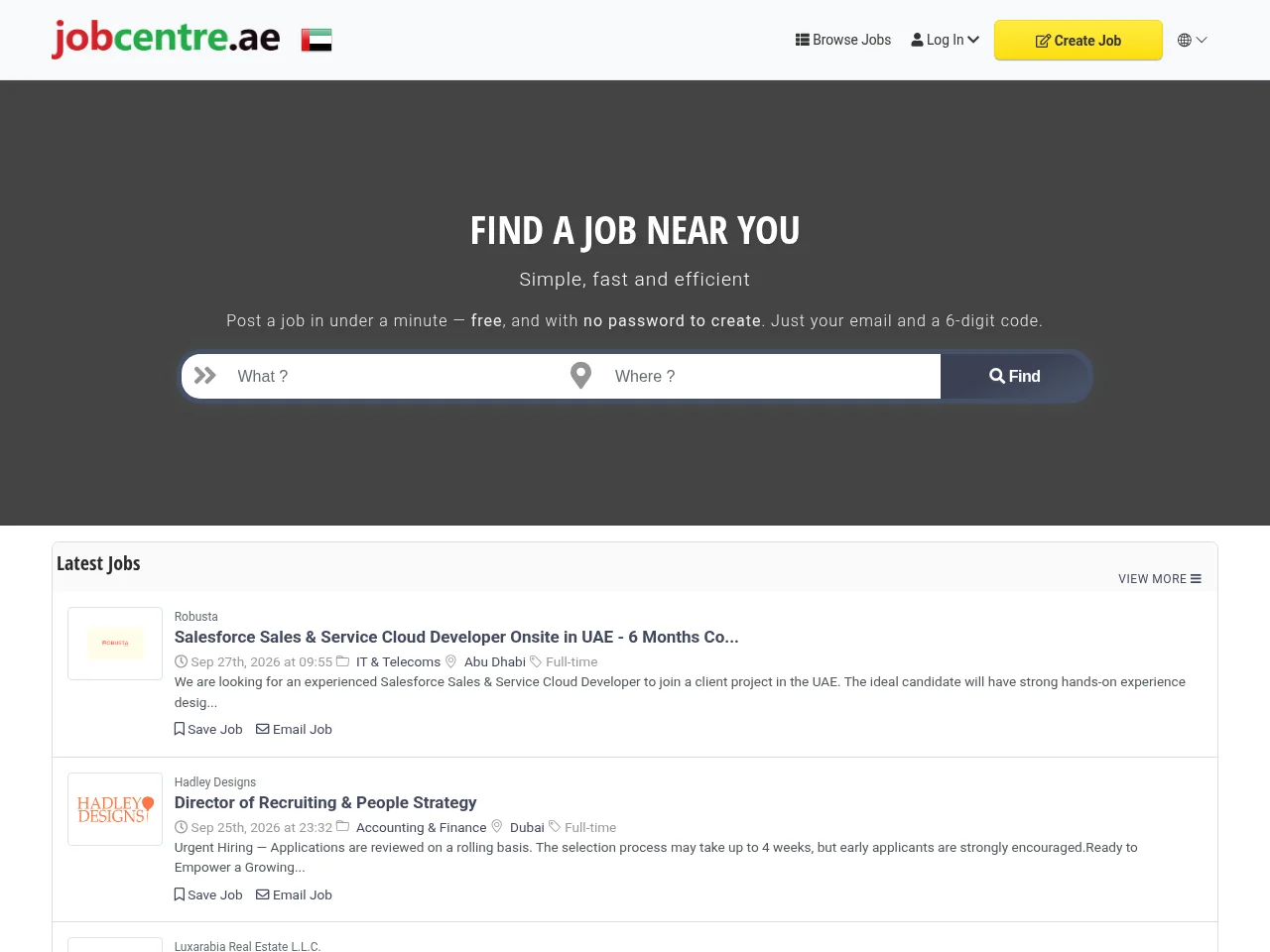JobCentre.World job board platform screenshot showing job search interface
