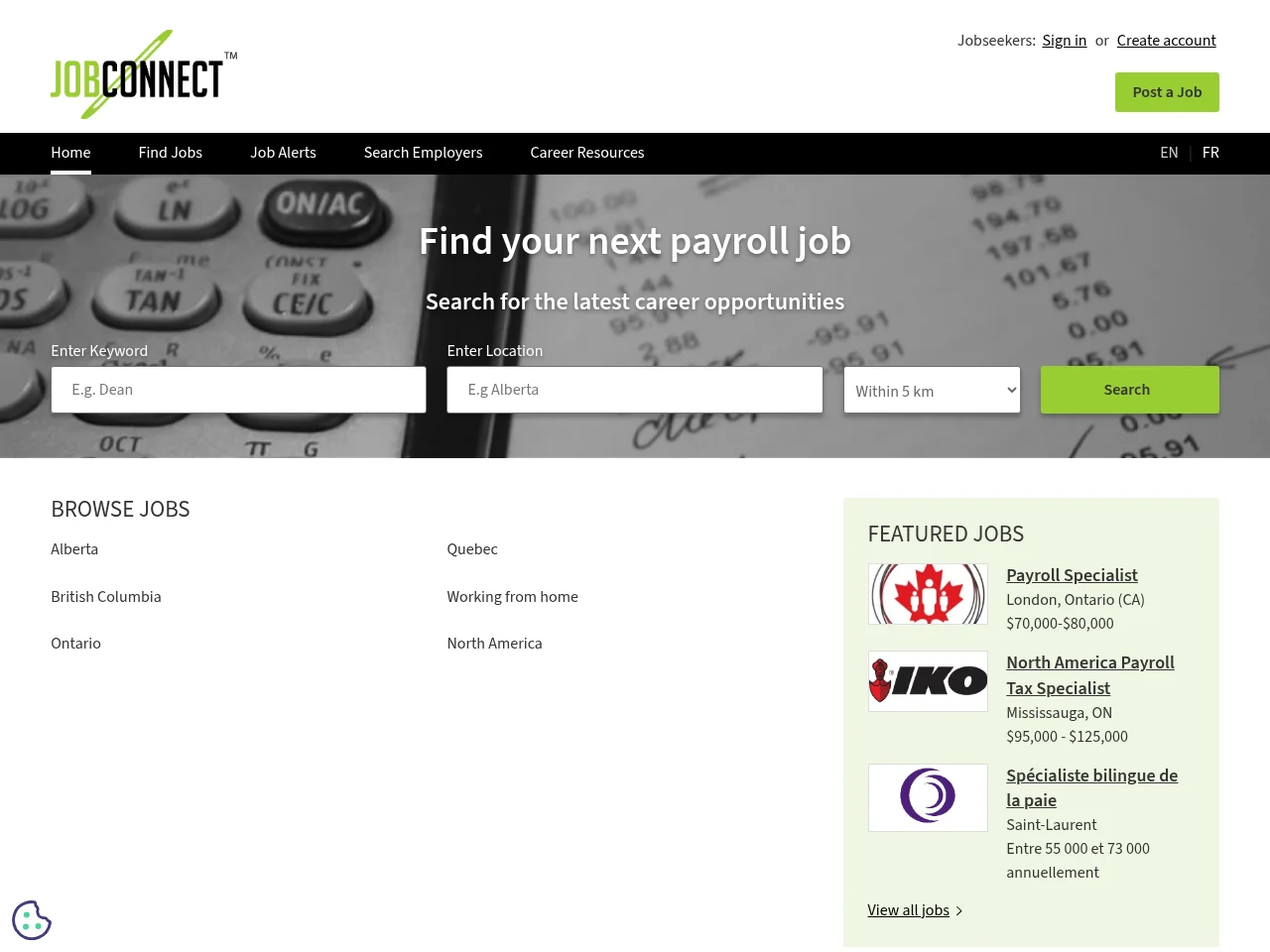 JobConnect job board platform screenshot showing job search interface