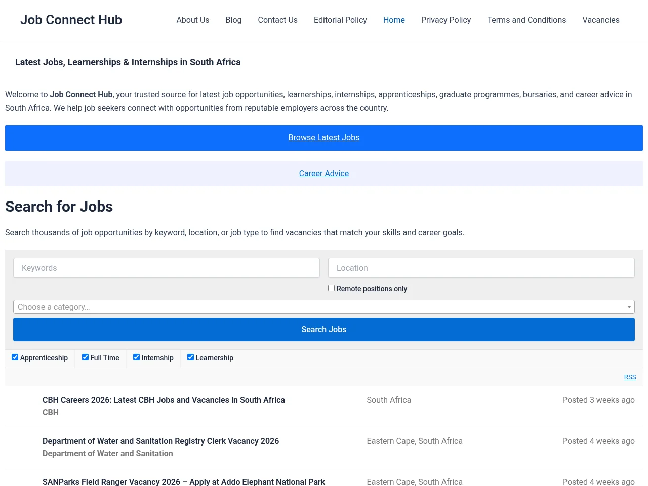 Job Connect Hub job board platform screenshot showing job search interface