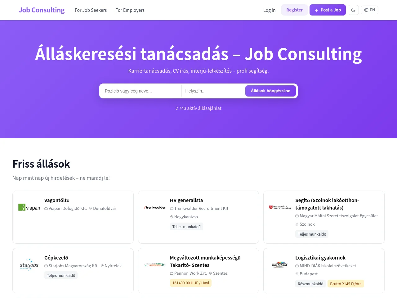 Job Consulting job board platform screenshot showing job search interface