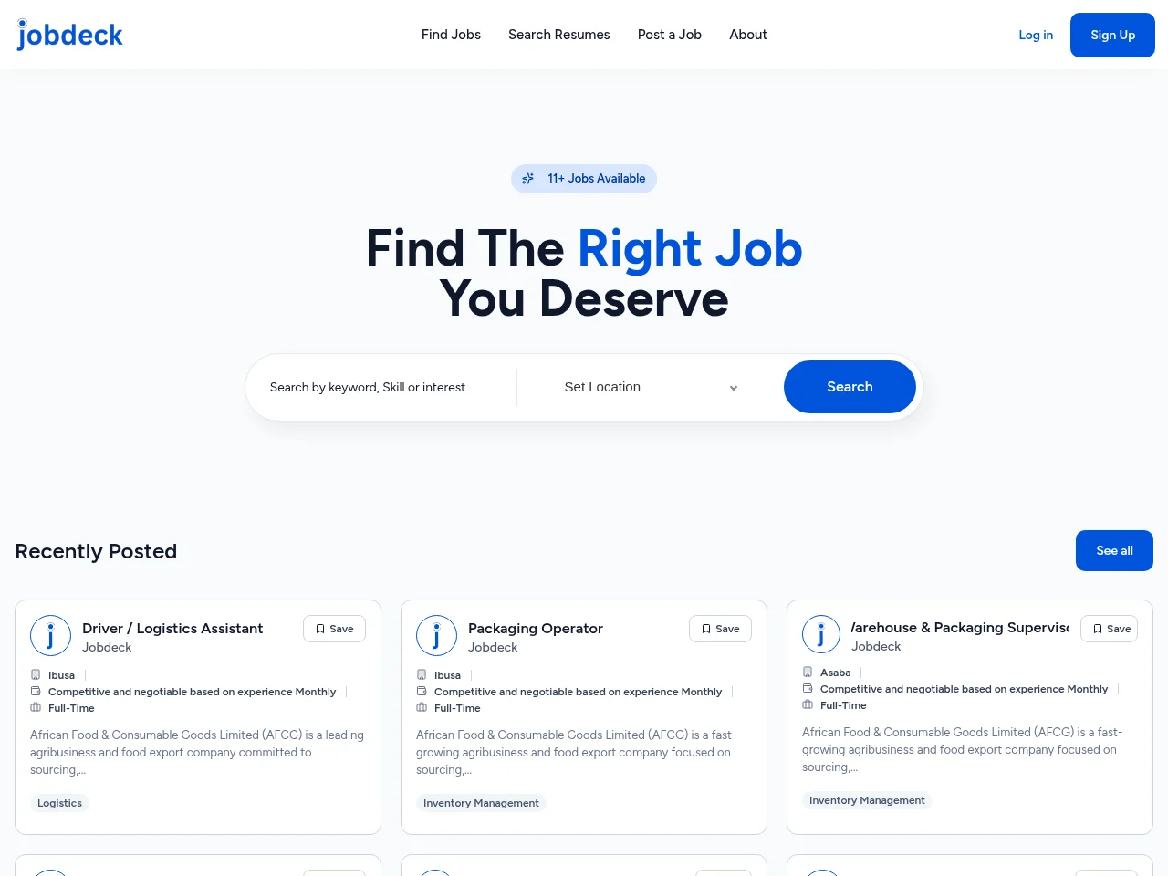 JobDeck Nigeria job board platform screenshot showing job search interface
