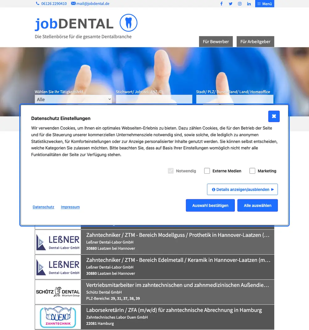jobDENTAL job board platform screenshot showing job search interface