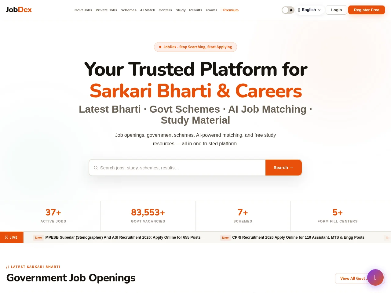 JobDex job board platform screenshot showing job search interface