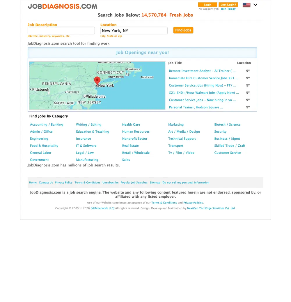 JobDiagnosis.com job board platform screenshot showing job search interface