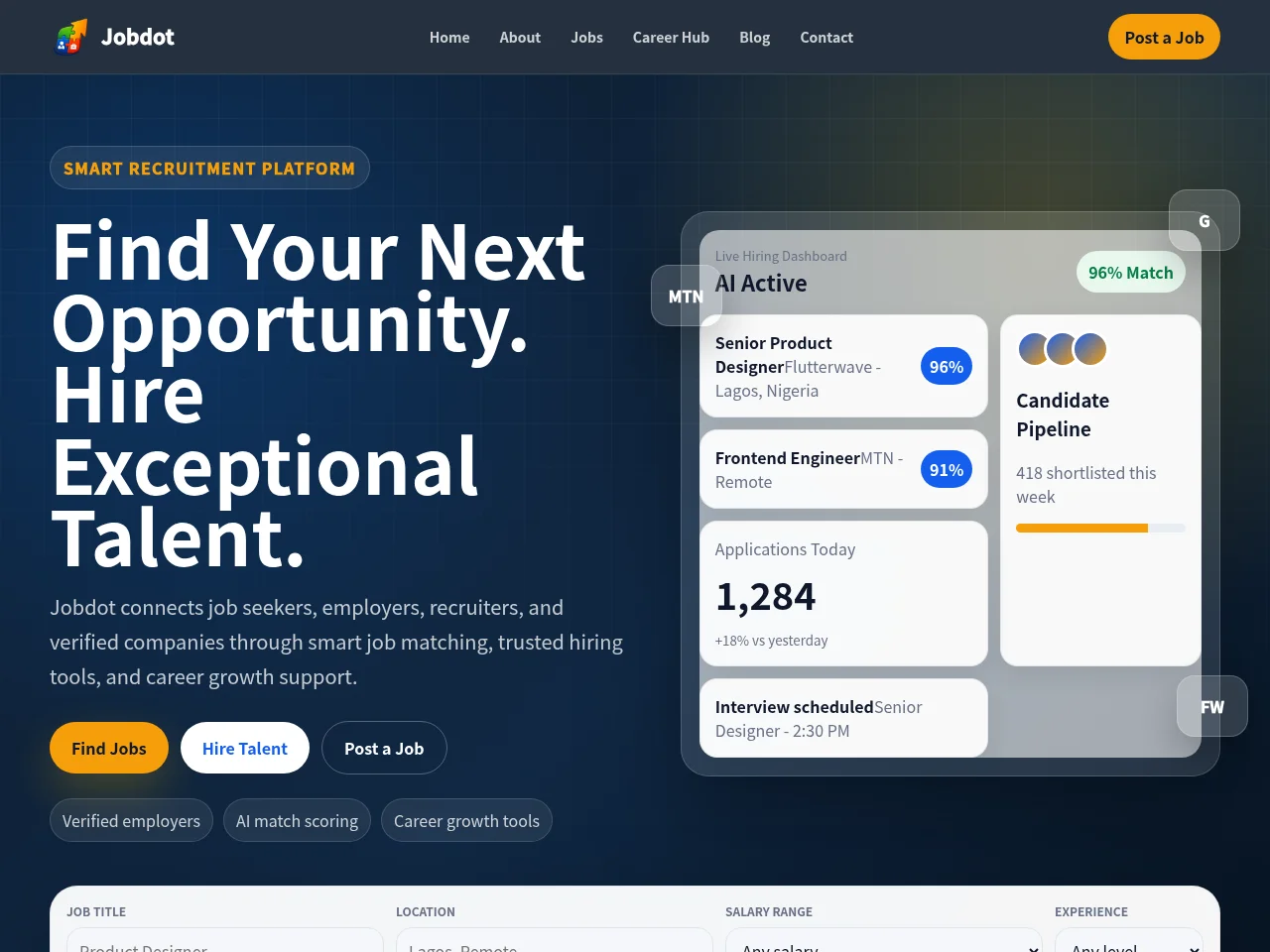 Jobdot job board platform screenshot showing job search interface