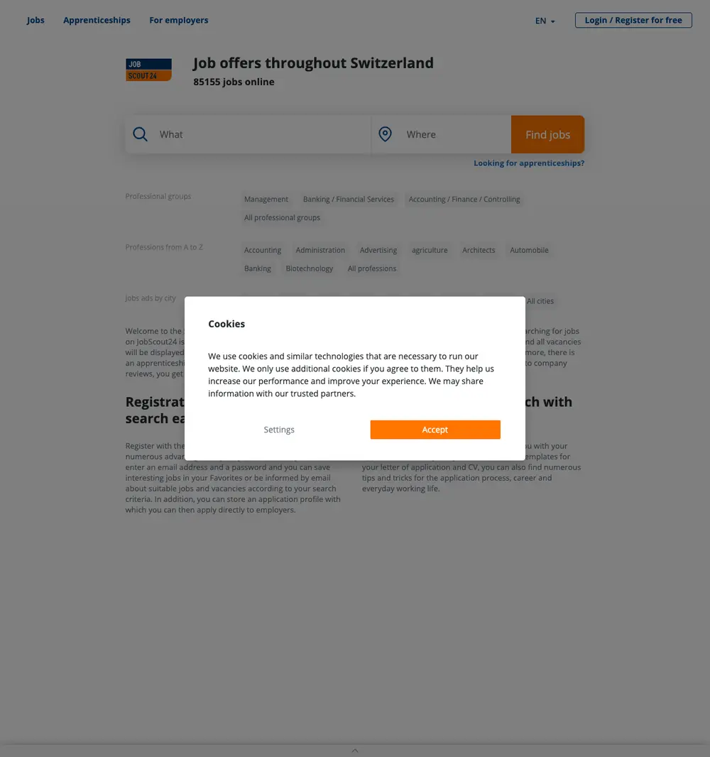 JobScout24.ch job board platform screenshot showing job search interface