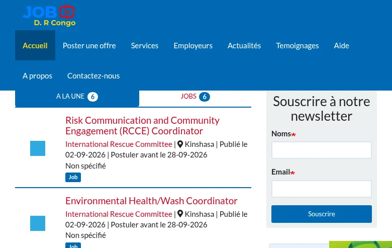 Job en RDC screenshot Job en RDC job board platform screenshot showing job search interface