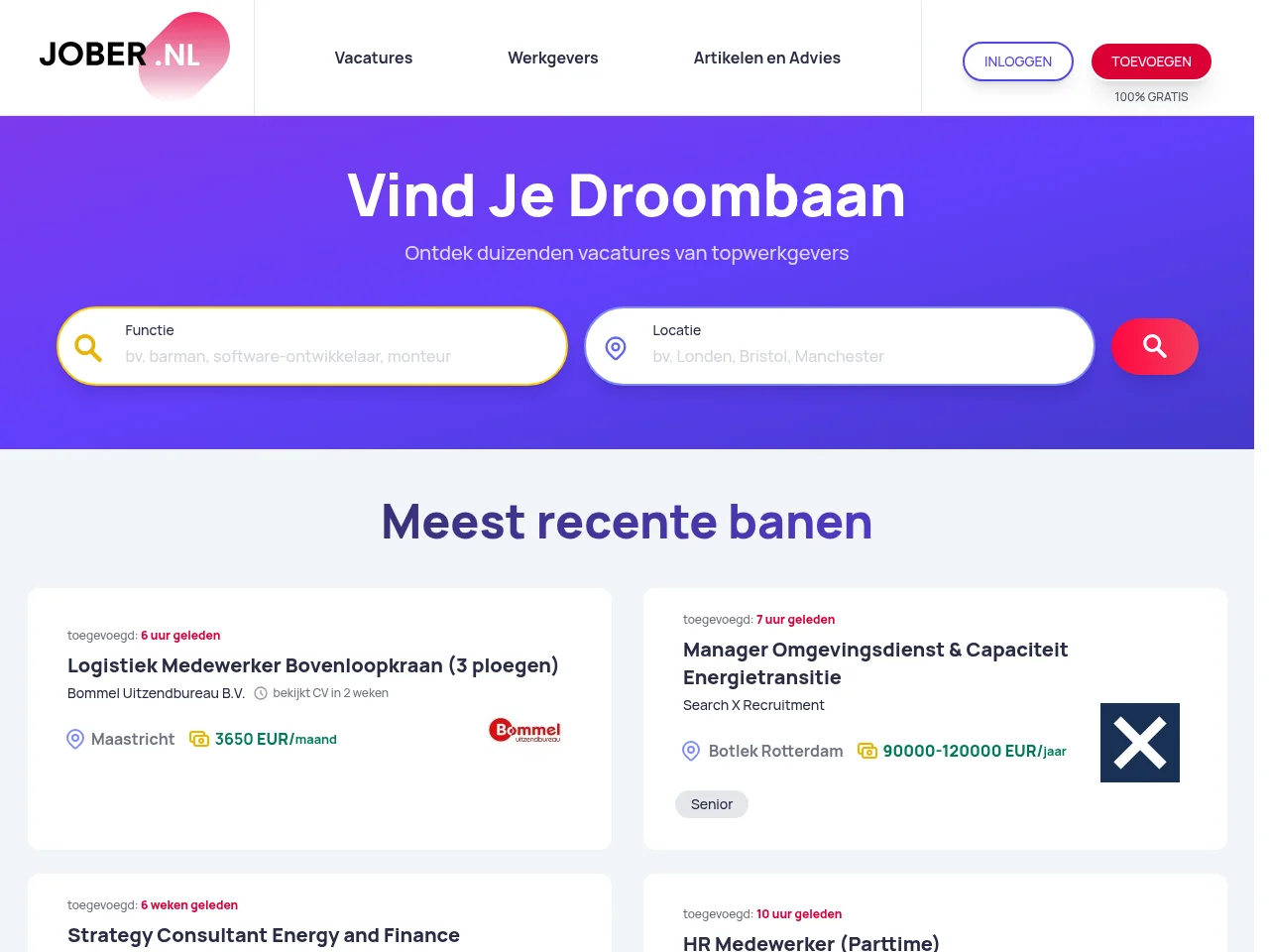 Jober.nl job board platform screenshot showing job search interface