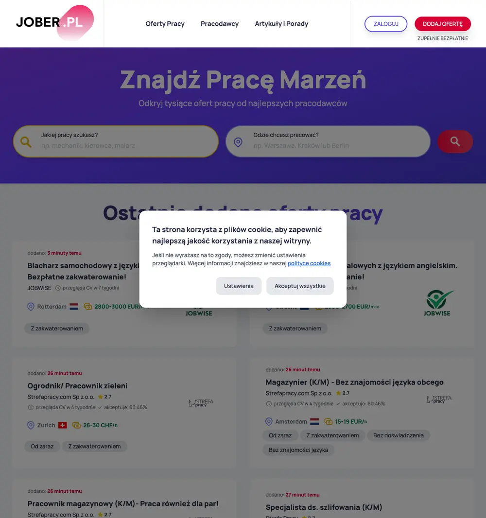 Jober.pl job board platform screenshot showing job search interface
