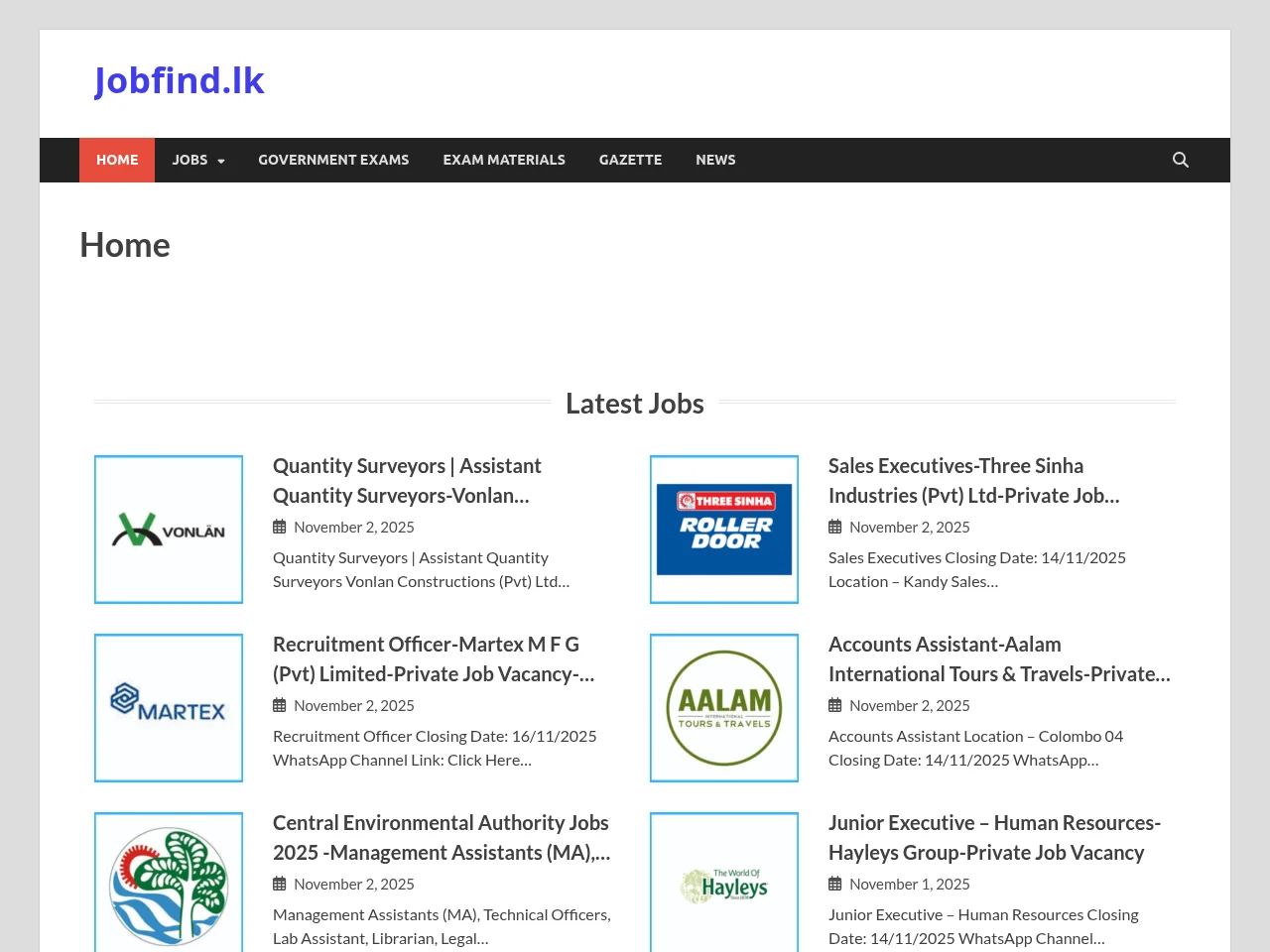 Jobfind.lk job board platform screenshot showing job search interface