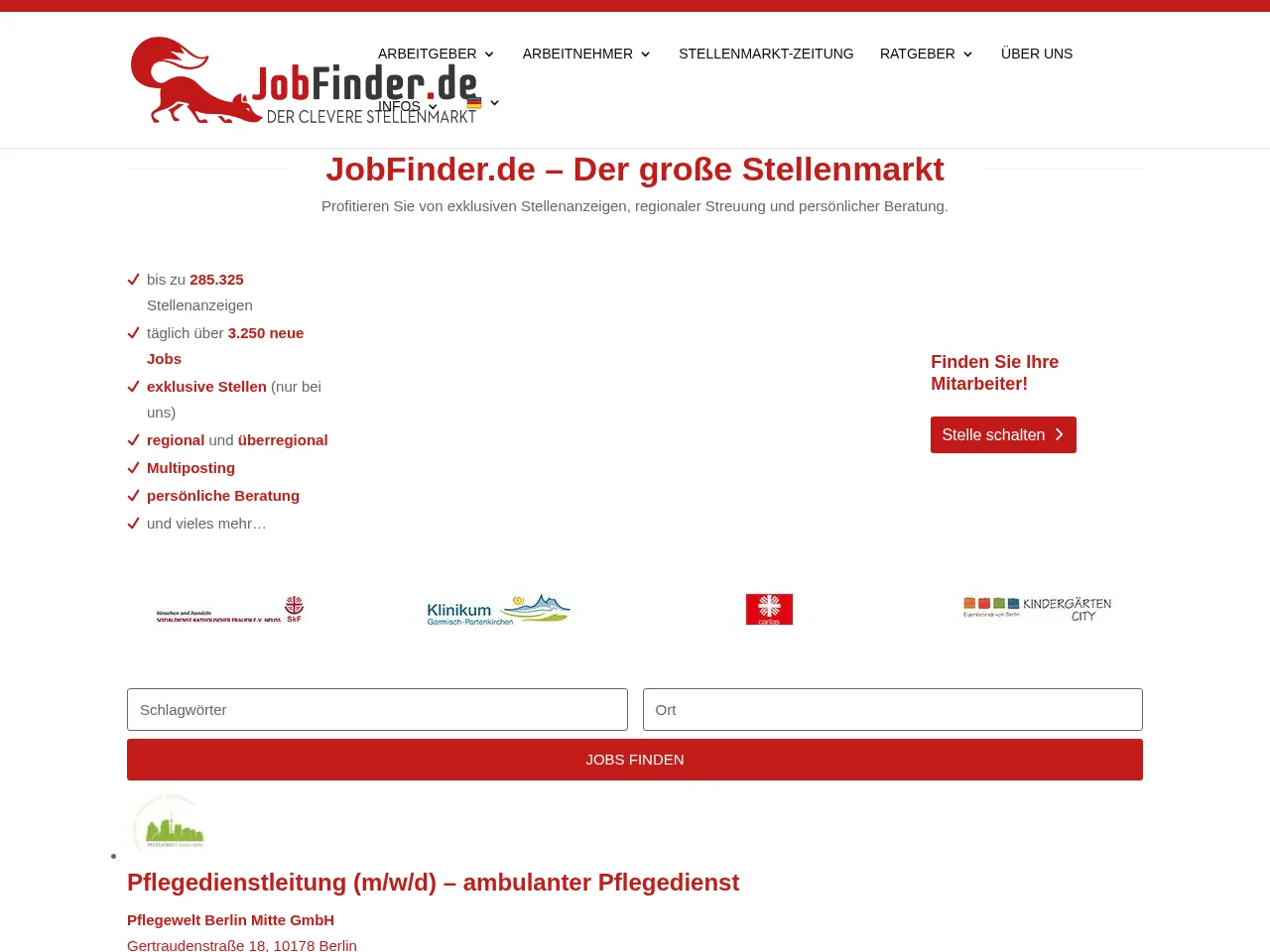 JobFinder.de job board platform screenshot showing job search interface