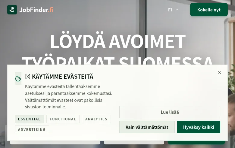 JobFinder.fi job board platform screenshot showing job search interface