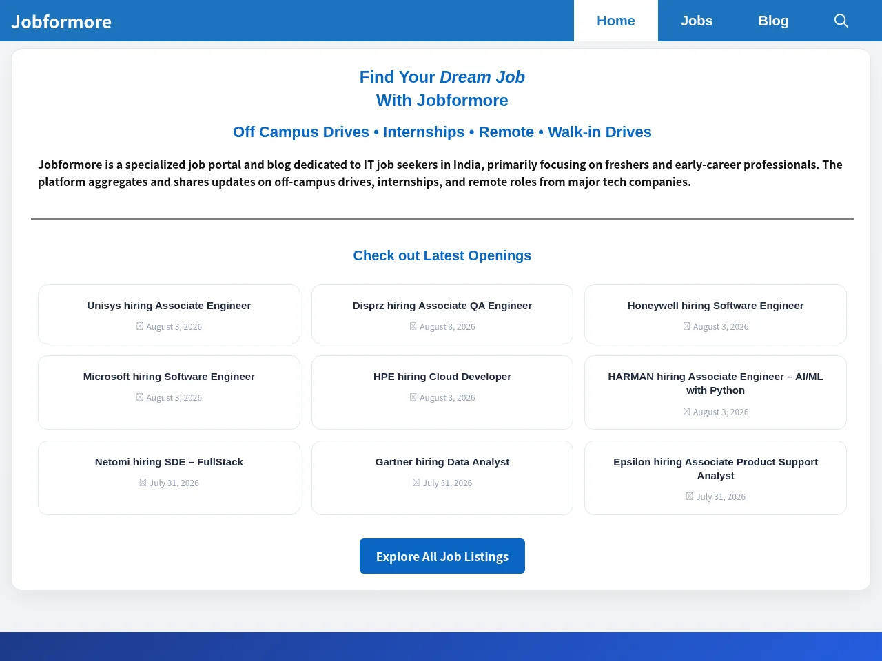 Jobformore job board platform screenshot showing job search interface