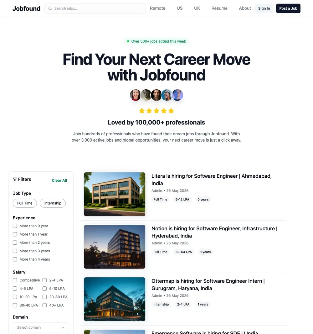 JobFound job board platform screenshot showing job search interface