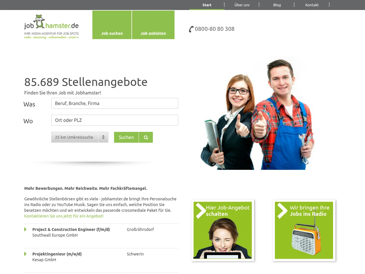 jobhamster.de job board platform screenshot showing job search interface