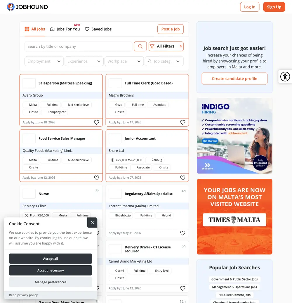 Jobhound.mt job board platform screenshot showing job search interface
