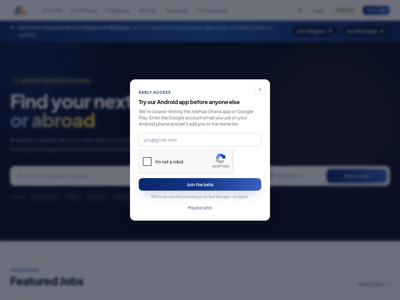 JobHub Ghana job board platform screenshot showing job search interface