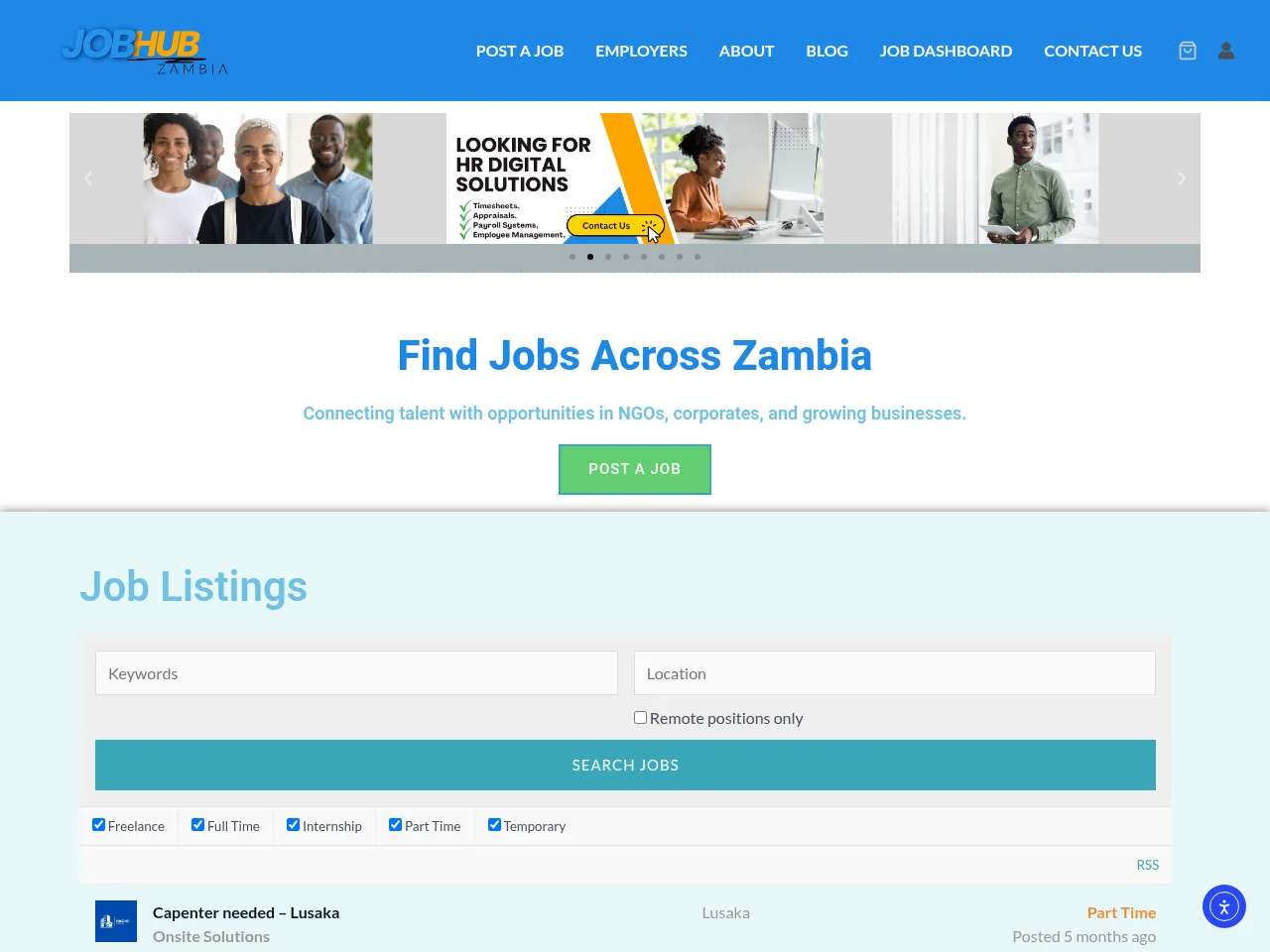 Job Hub Zambia screenshot Job Hub Zambia job board platform screenshot showing job search interface