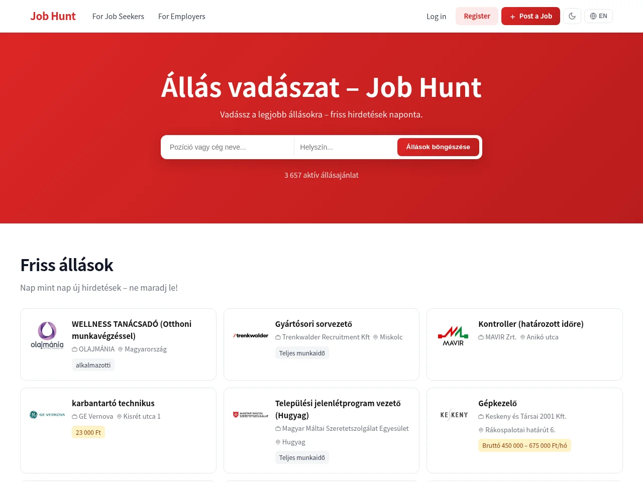 Job Hunt job board platform screenshot showing job search interface