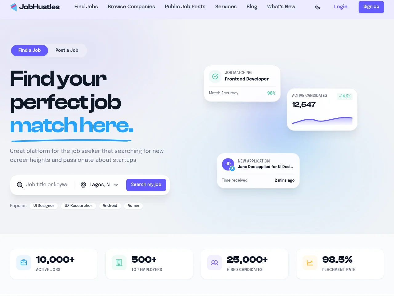 JobHustles job board platform screenshot showing job search interface