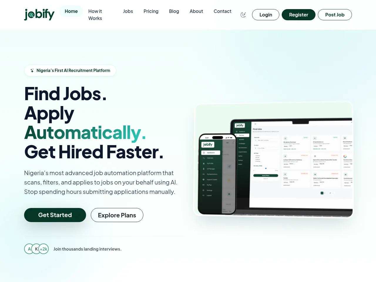 Jobify NG job board platform screenshot showing job search interface