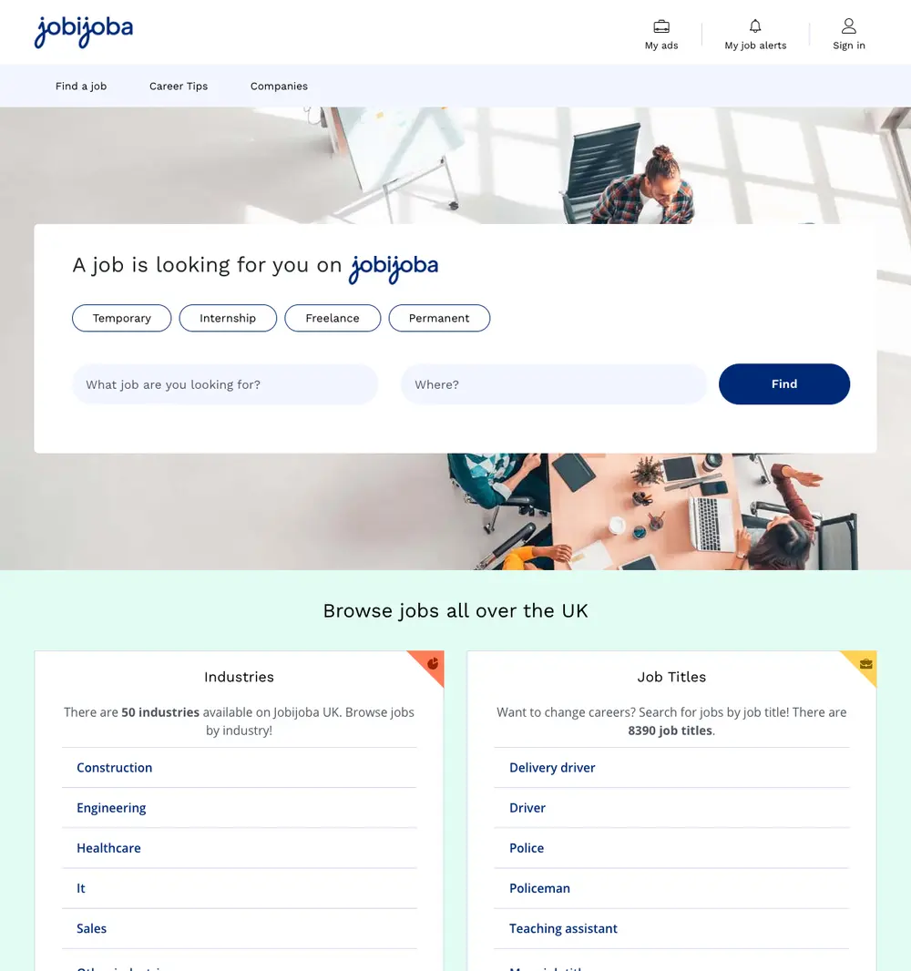 Jobijoba UK job board platform screenshot showing job search interface