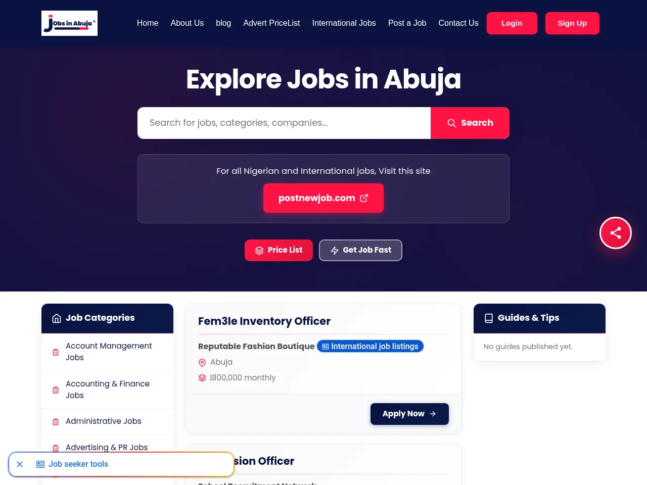 Jobs in Abuja screenshot Jobs in Abuja job board platform screenshot showing job search interface