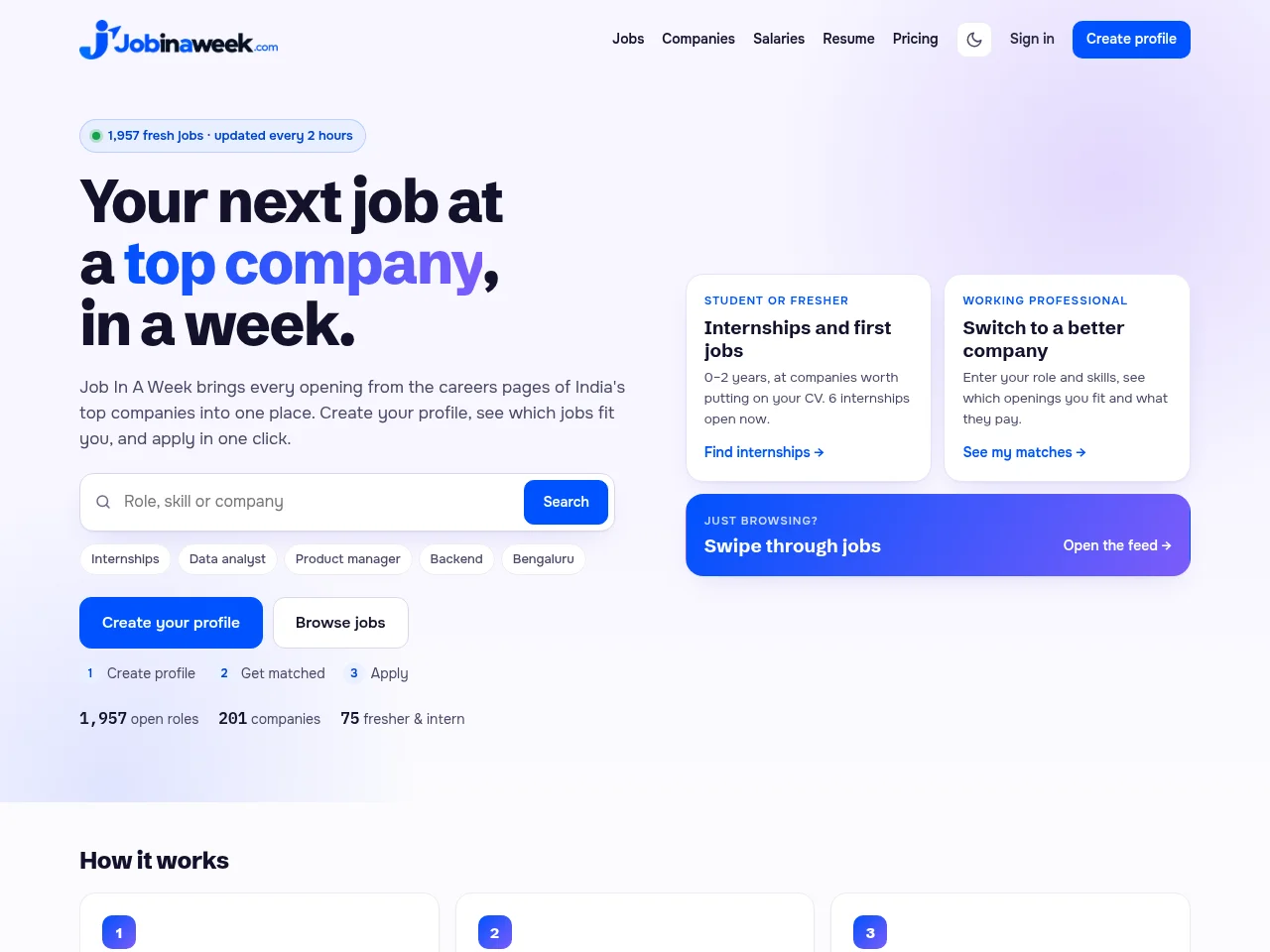 Job In A Week screenshot Job In A Week job board platform screenshot showing job search interface