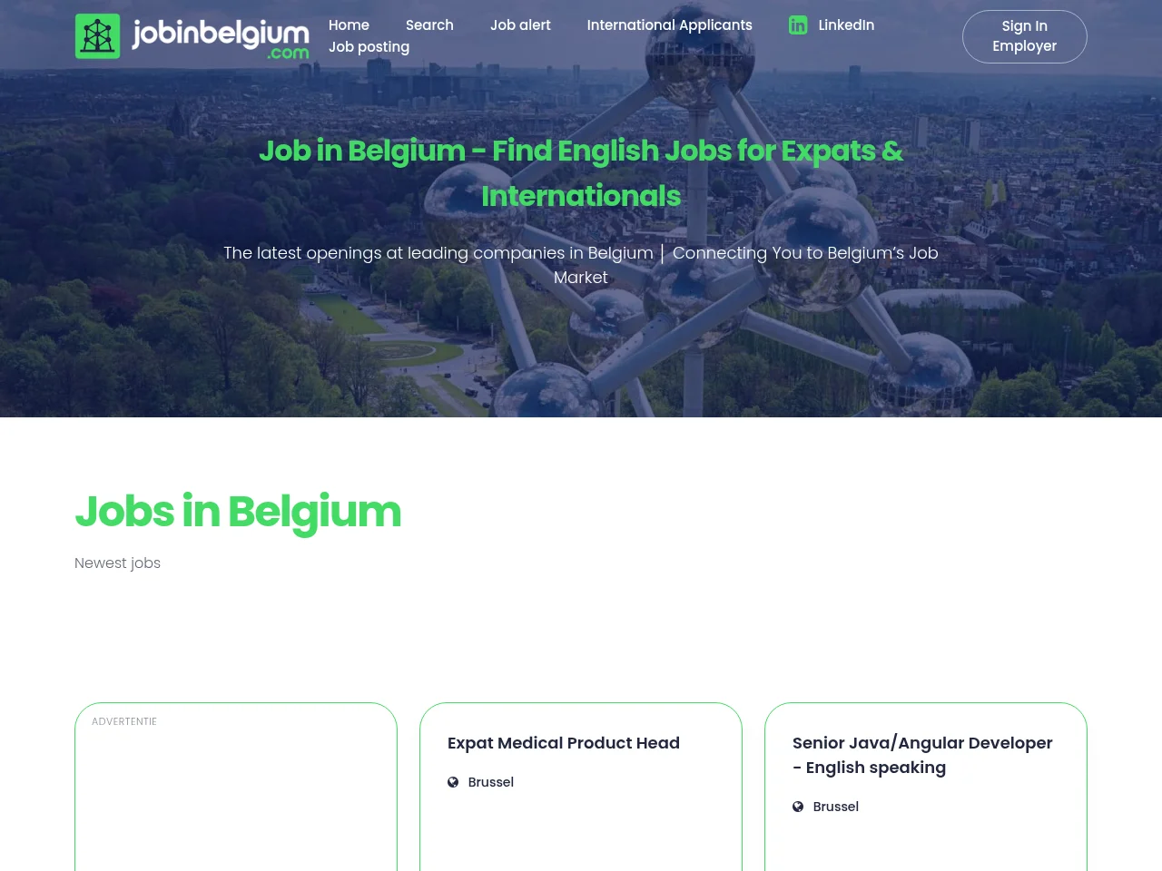 JobinBelgium job board platform screenshot showing job search interface