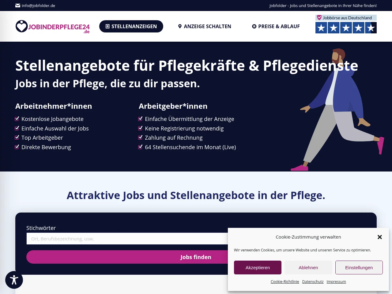Jobinderpflege24.de job board platform screenshot showing job search interface
