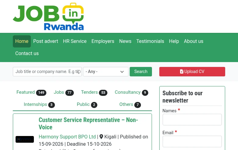 Job in Rwanda job board platform screenshot showing job search interface