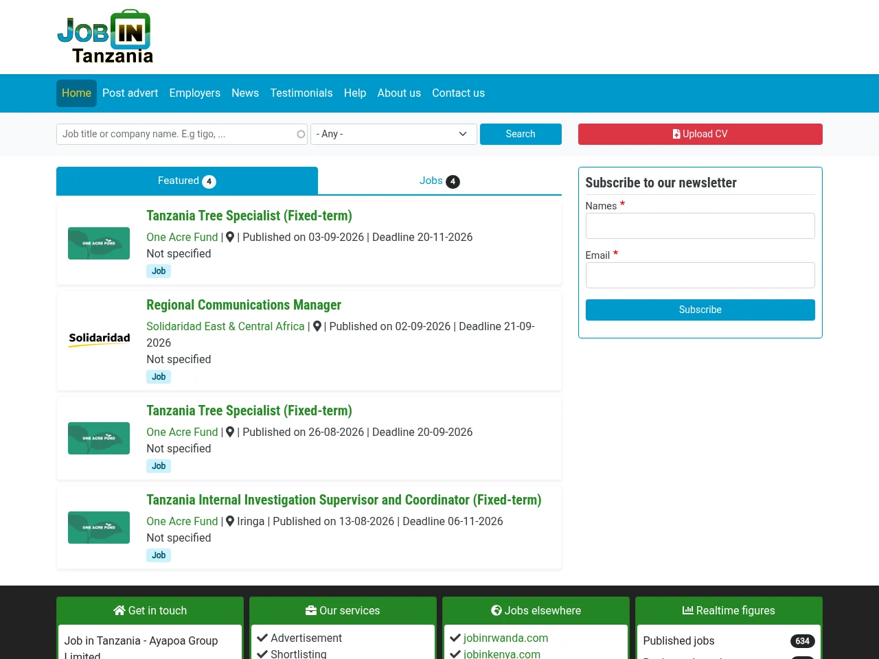Job in Tanzania job board platform screenshot showing job search interface