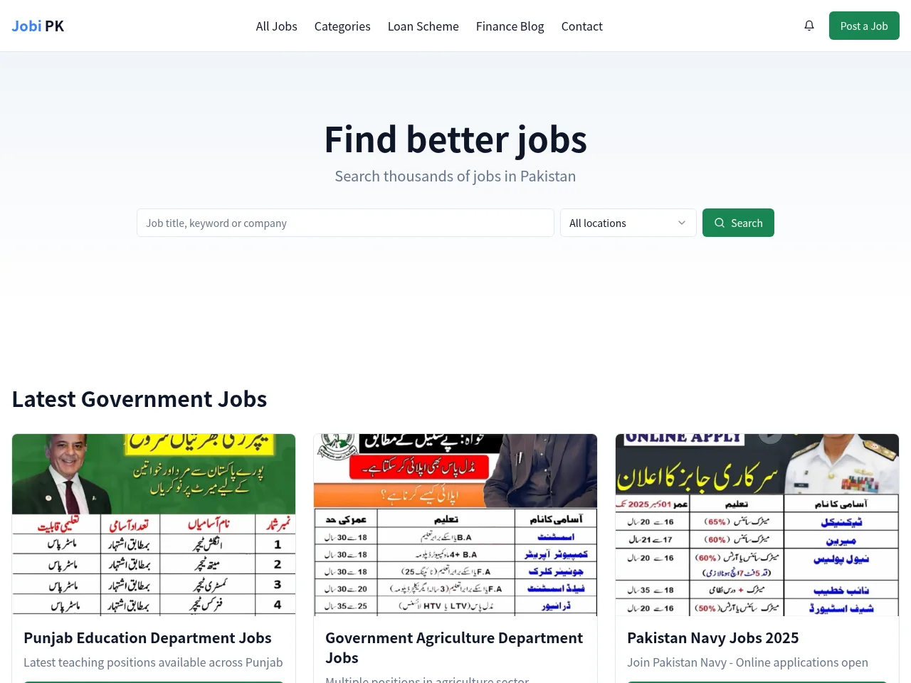 Jobi PK job board platform screenshot showing job search interface