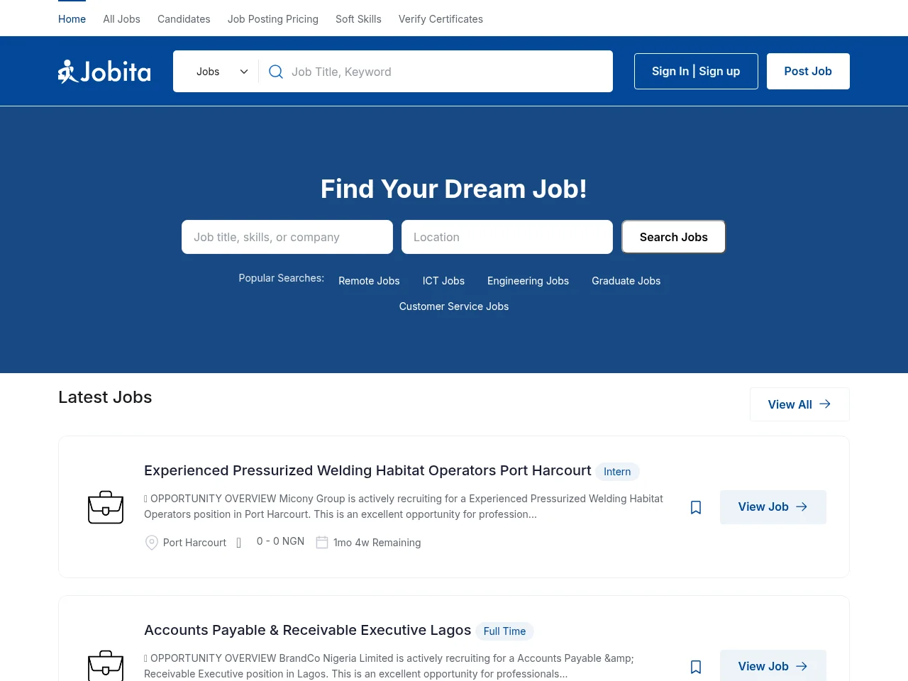 Jobita Nigeria screenshot Jobita Nigeria job board platform screenshot showing job search interface
