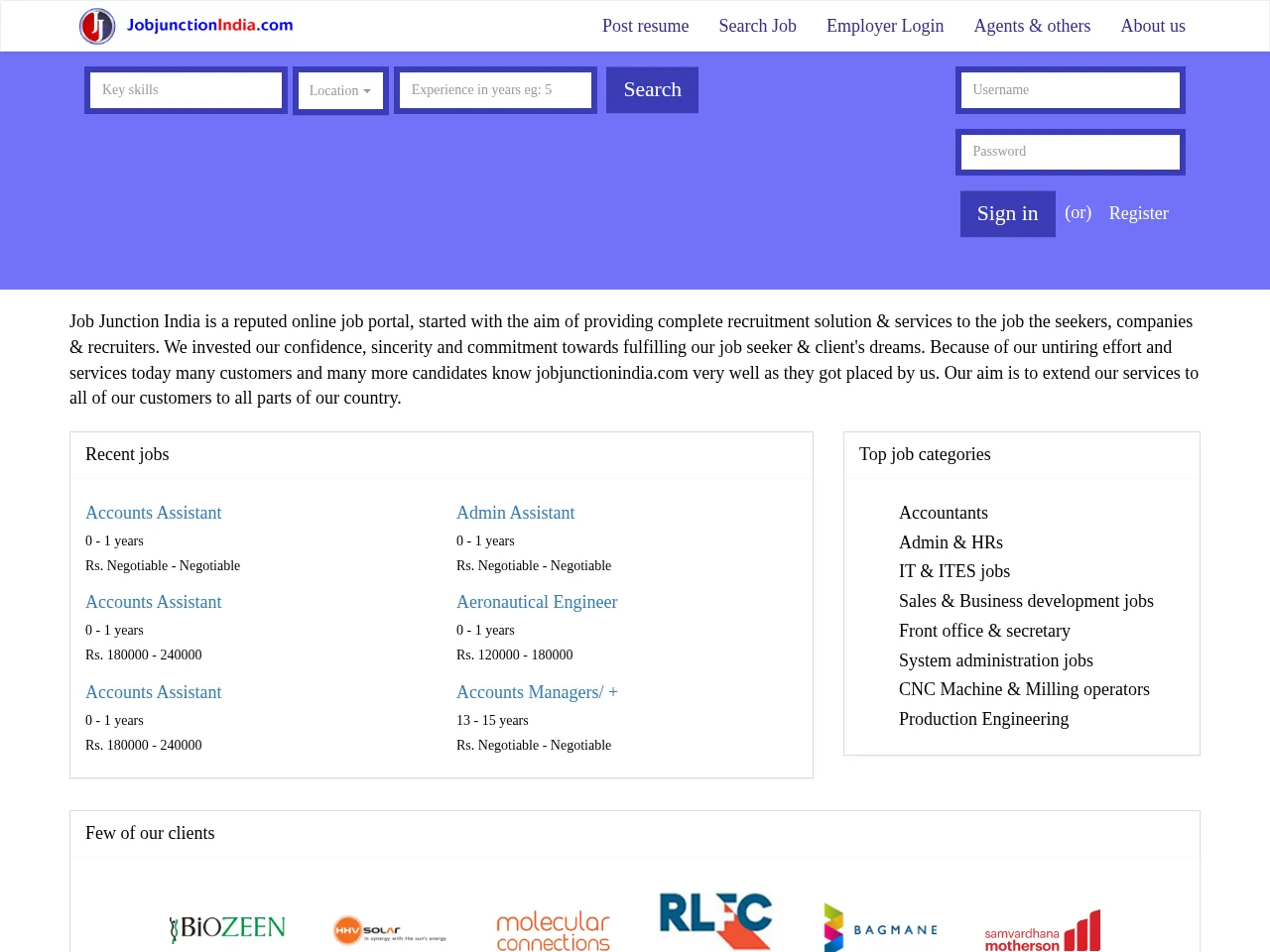 Job Junction India job board platform screenshot showing job search interface