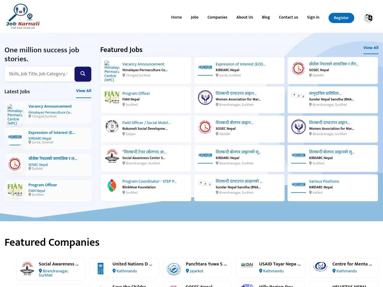 JobKarnali job board platform screenshot showing job search interface