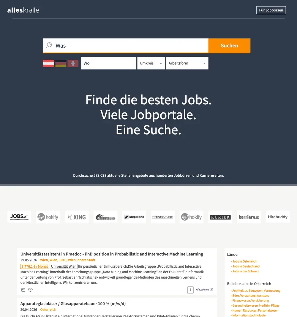 alleskralle job board platform screenshot showing job search interface