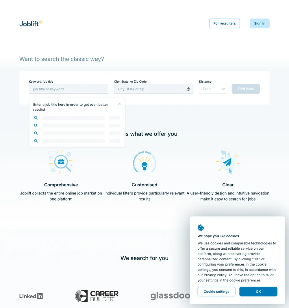 Joblift screenshot Joblift job board platform screenshot showing job search interface