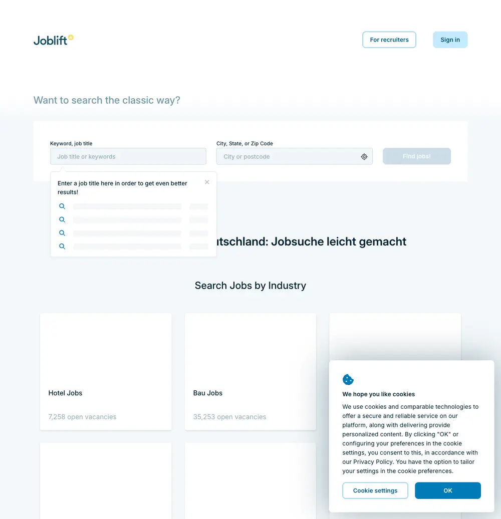Joblift job board platform screenshot showing job search interface